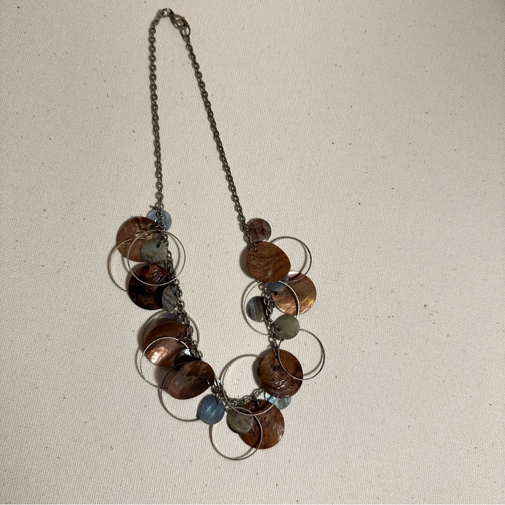 blue tan silver shell bead necklace